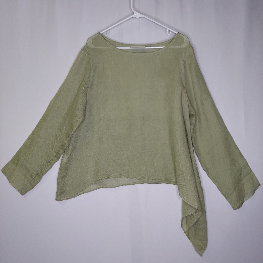 Eleven Stitch Design Linen Asymmetrical Top Large Art Wear Boho Sage Green USA